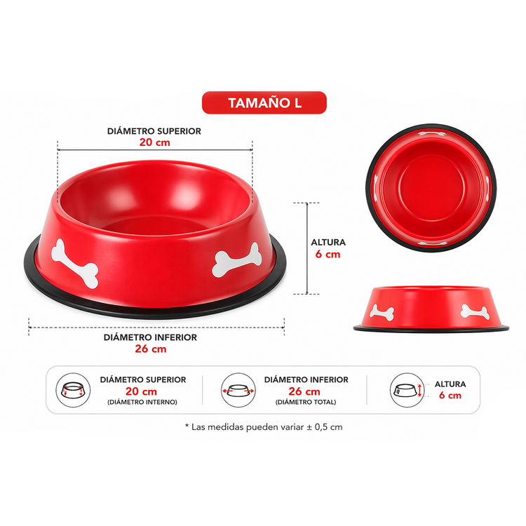 bowl para perro grande diseño hueso acero inoxidable plato resistente comida mascotas varios colores medidas L